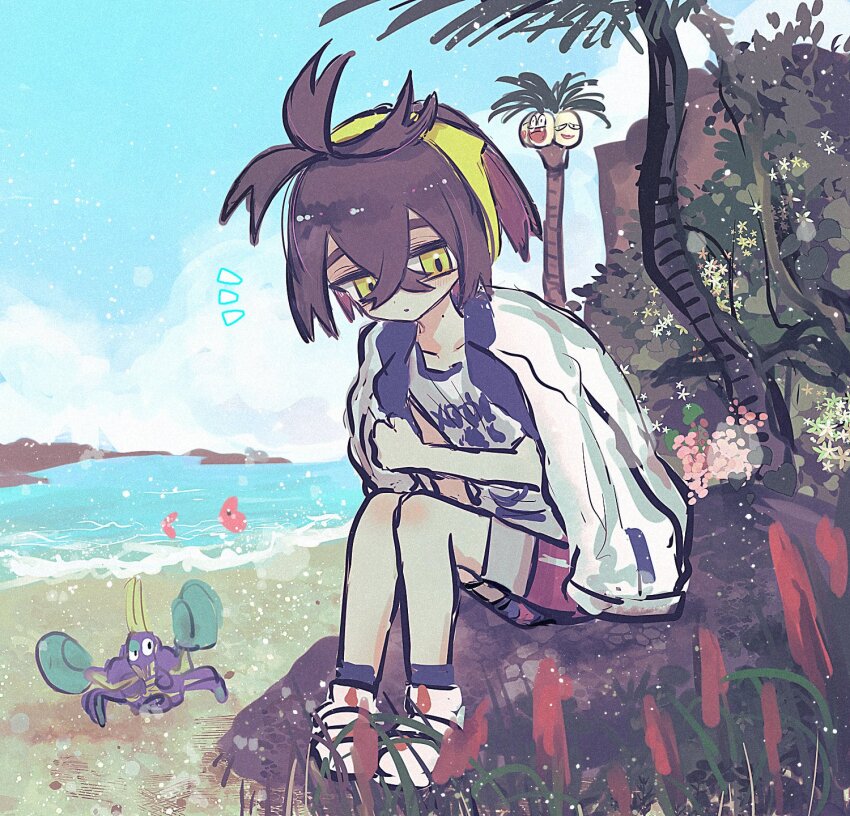 1boy alolan_exeggutor alolan_form beach blue_socks blush cloud commentary_request crabrawler crossed_bangs day flower gen_3_pokemon gen_7_pokemon hair_between_eyes hairband highres horimhkw11 jacket jacket_on_shoulders kieran_(pokemon) looking_at_viewer luvdisc male_focus mole mole_on_neck multicolored_hair nintendo notice_lines outdoors parted_lips pokemon pokemon_(creature) pokemon_sv purple_hair rock sand shoes shorts sitting sky socks tank_top water white_footwear white_tank_top yellow_hairband