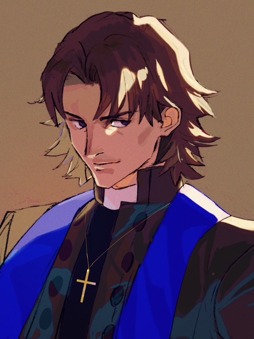 1boy black_robe brown_hair commentary_request cross cross_necklace fate/grand_order fate_(series) highres jewelry kotomine_kirei light_smile looking_to_the_side male_focus miromari necklace priest purple_eyes rasputin_(fate) robe sketch solo stole upper_body