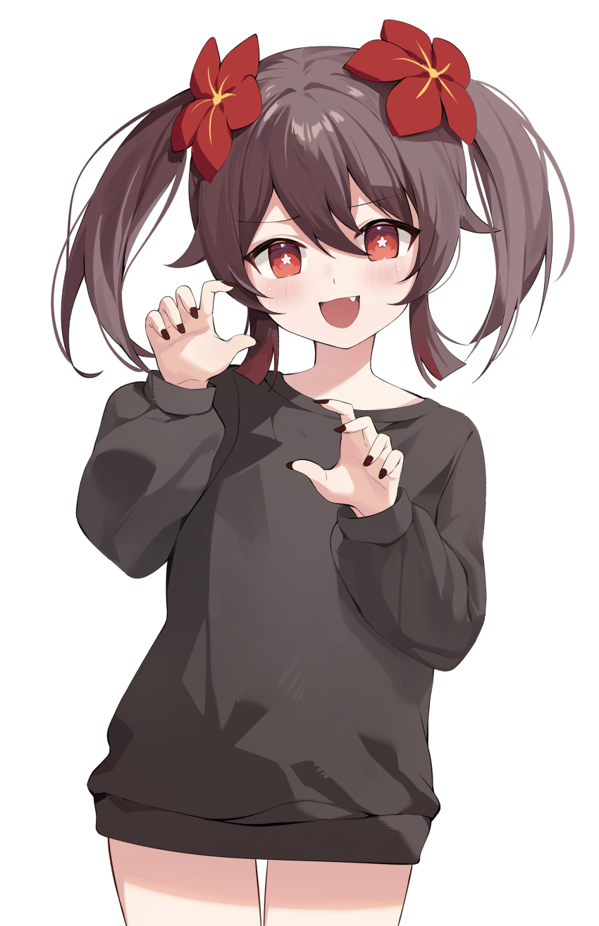 1girl :d absurdres black_nails black_shirt brown_hair claw_pose cowboy_shot fang flower genshin_impact hair_flower hair_ornament highres hu_tao_(genshin_impact) long_hair long_sleeves looking_at_viewer nail_polish open_mouth oversized_clothes rable red_eyes shirt simple_background smile smug solo standing star-shaped_pupils star_(symbol) symbol-shaped_pupils twintails white_background aged_down