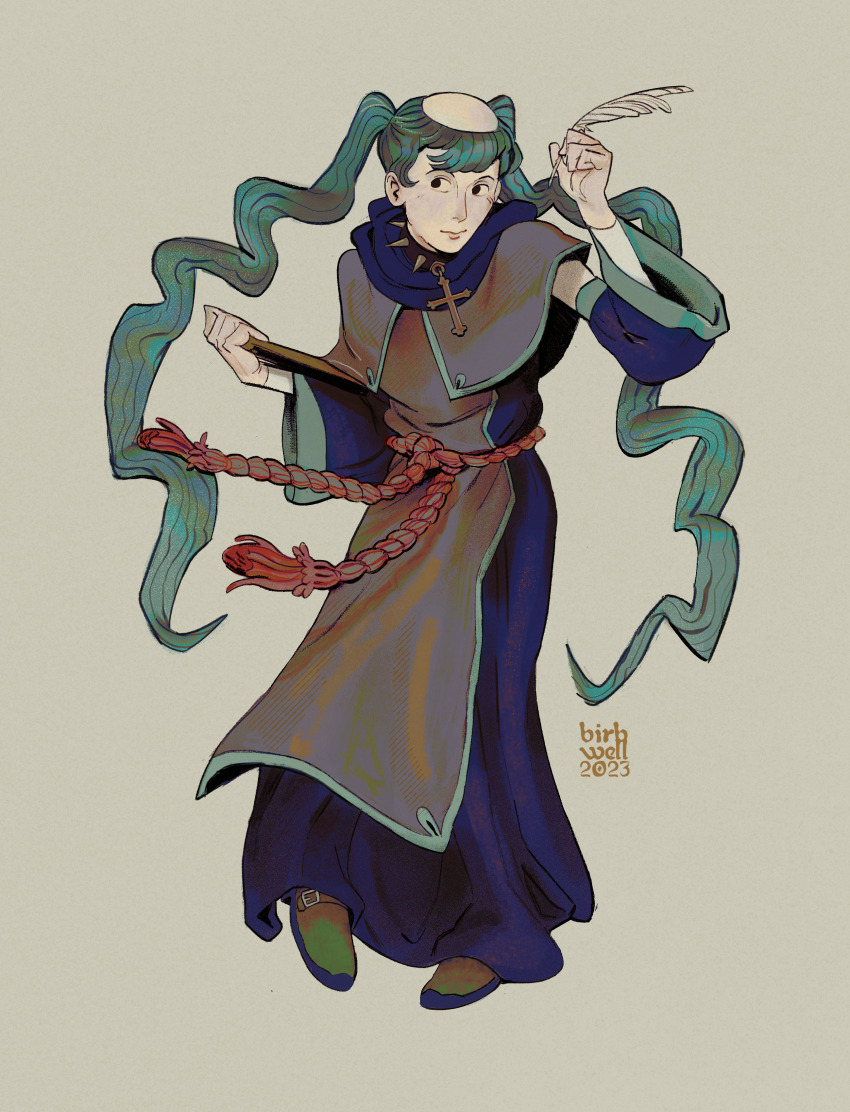 1girl absurdres alternate_costume alternate_hairstyle artist_name birbwell black_eyes choker closed_mouth commentary cross cross_choker dated detached_sleeves english_commentary full_body green_hair hatsune_miku highres holding holding_quill long_hair monk quill robe simple_background solo spiked_choker spikes standing tonsure twintails vocaloid wide_sleeves