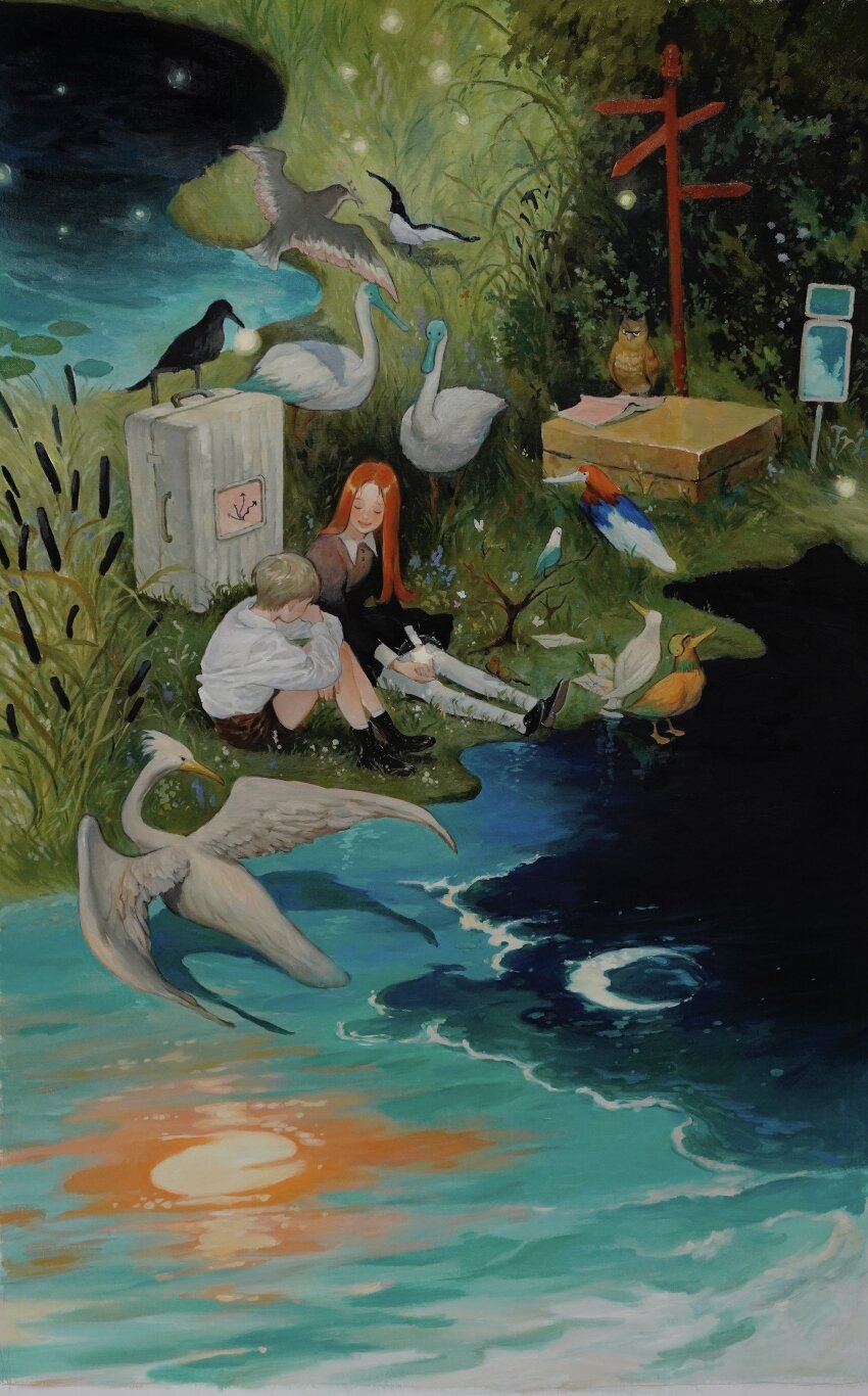 1boy 1girl absurdres animal ankle_boots bird bird_on_leg black_dress black_footwear blonde_hair boots brown_shorts bush closed_eyes commentary_request crescent_moon crow dress duck envelope from_above grass highres holding holding_star knees_up korean_commentary lily_pad long_hair long_sleeves making-of_available moon moon_reflection n0ma oil_painting_(medium) on_grass orange_hair original outdoors owl painting_(medium) pantyhose plant reflection river road_sign scenery shirt short_hair shorts sign signpost sitting smile star_(symbol) straight_hair suitcase sun surreal swan traditional_media v_arms water white_pantyhose white_shirt wide_shot