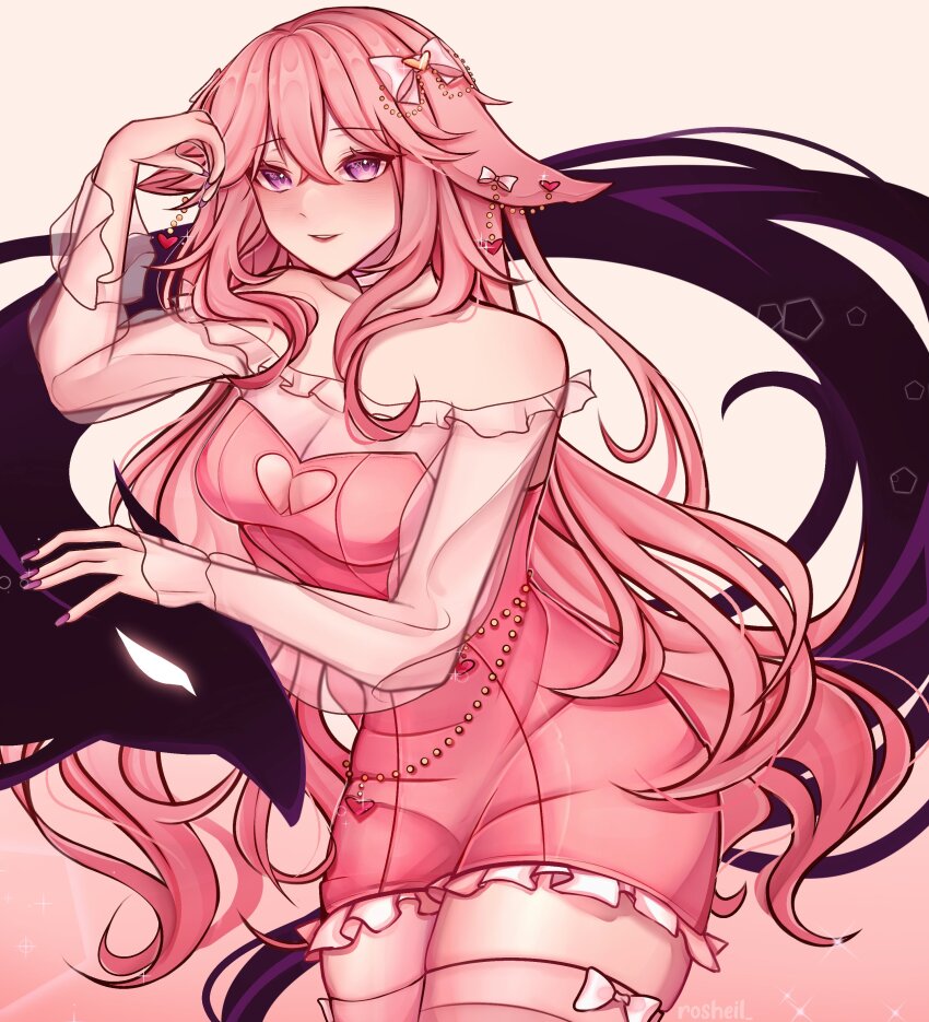 1girl absurdres alternate_costume animal_ears bare_shoulders bow breasts cleavage commentary cowboy_shot crossed_bangs double-parted_bangs dress english_commentary floppy_ears fox_ears fox_girl genshin_impact hair_between_eyes hair_bow highres long_hair long_sleeves looking_at_viewer medium_breasts parted_lips pink_background pink_bow pink_dress pink_hair purple_eyes rosheil see-through_cleavage see-through_clothes see-through_sleeves simple_background smile solo thighs yae_miko