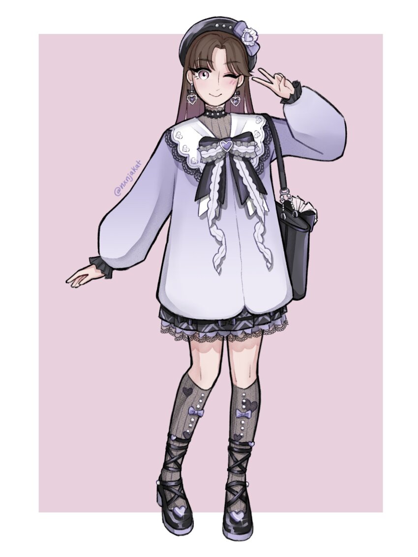 1girl bag bag_bow beret black_bag black_bow black_bowtie black_hat black_shoes black_skirt blunt_bangs border bow bow_legwear bowtie brooch brown_hair buttons carefree_moments_(infinity_nikki) closed_mouth coat collared_coat commentary cross-laced_shoes earrings english_commentary eyelashes full_body grey_shirt grey_socks happy hat hat_bow hat_ornament heart heart_brooch heart_earrings heart_hat_ornament high_heels highres infinity_nikki jewelry jirai_kei kneehighs lace lace-trimmed_bowtie lace-trimmed_collar lace-trimmed_skirt lace_trim light_blush long_hair long_sleeves looking_at_viewer making-of_available miniskirt nikki_(series) nxnjakat one_eye_closed outside_border parted_bangs pink_background pleated_skirt puffy_long_sleeves puffy_sleeves pumps purple_bow purple_brooch purple_coat purple_eyes shirt shoes simple_background skirt smile socks solo standing straight_hair tote_bag turtleneck turtleneck_shirt twitter_username v white_border
