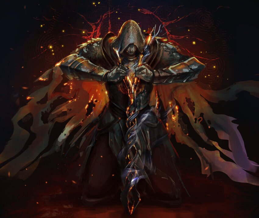 1girl armor armor_under_clothes black_hair black_lips breastplate burning_clothes cape cloak coiled_sword commentary dovahcaine elden_ring english_commentary fire flaming_eyes flaming_sword flaming_weapon full_armor glowing glowing_eyes hair_over_face hair_over_one_eye highres holding holding_sword holding_weapon hood kneeling knight looking_at_viewer medium_hair ornate ornate_armor pale_skin pauldrons pidge_(dovahcaine) shoulder_armor shoulder_plates solo sword vambraces weapon yellow_eyes yellow_liquid