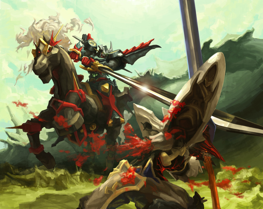 aussenseiter banpresto battle blood dygenguar guts_(artist) highres horse horseback_riding huge_weapon mecha no_humans riding robot super_robot_wars super_robot_wars_original_generation sword thrudgelmir weapon