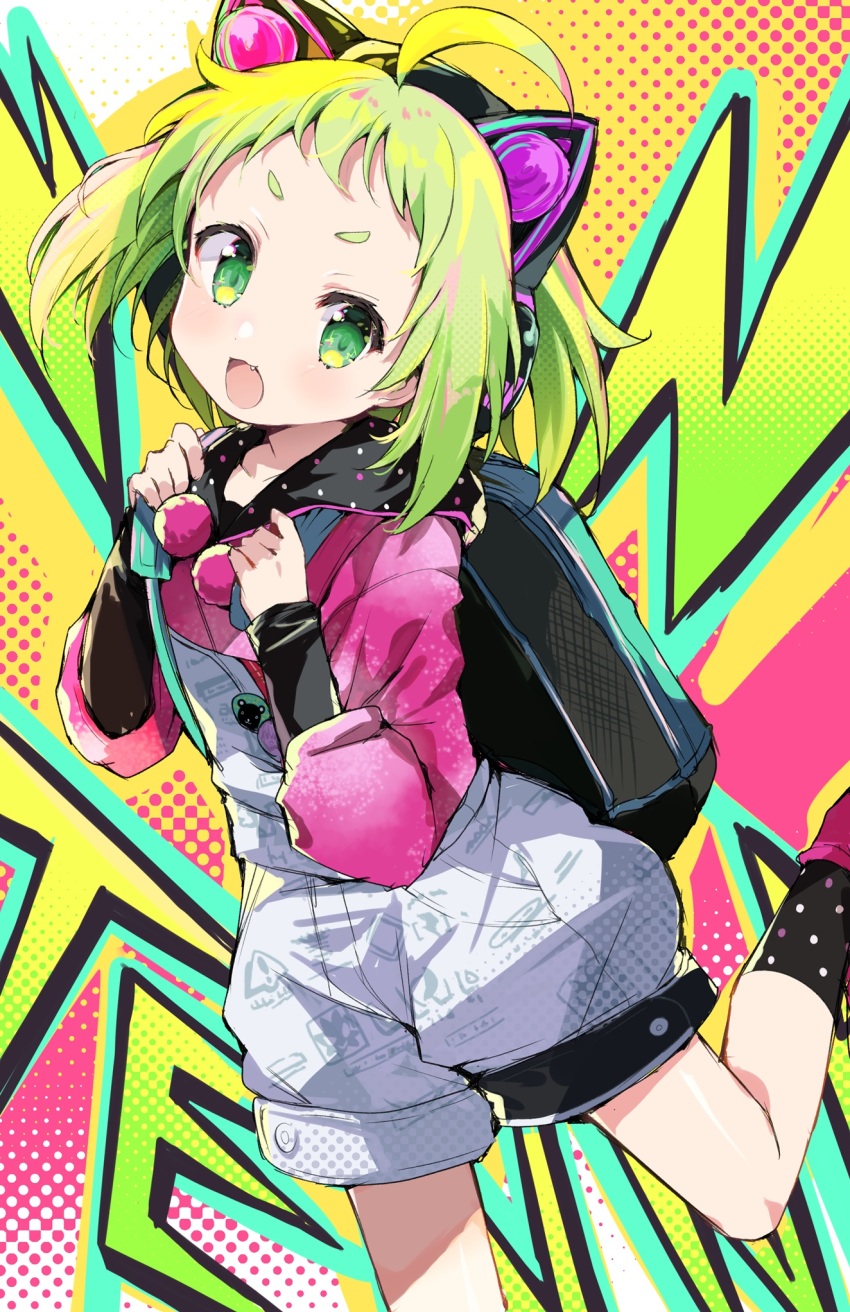 1girl :d ahoge animal_ear_headphones animal_ears antenna_(dohna_dohna) backpack bag blush cat_ears commentary cowboy_shot dohna_dohna_issho_ni_warui_koto_o_shiyou fake_animal_ears fang floating_hair green_eyes green_hair hands_up happy headphones highres hood hood_down hoodie long_sleeves looking_at_viewer open_mouth overalls parted_bangs pink_hoodie polka_dot polka_dot_background pom_pom_(clothes) puffy_long_sleeves puffy_sleeves short_eyebrows short_hair simple_background smile solo standing standing_on_one_leg takepoison tareme thick_eyebrows v-shaped_eyebrows white_overalls