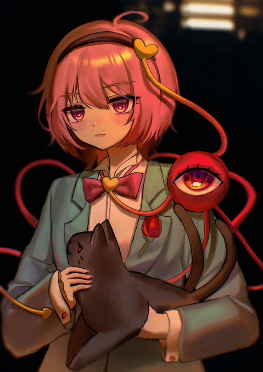 absurdres ahoge animal black_hairband blue_suit blush bow bowtie cat chinese_commentary closed_mouth commentary flower formal_clothes hair_between_eyes hair_ornament hairband heart heart_hair_ornament highres holding holding_animal holding_cat jitome kaenbyou_rin kaenbyou_rin_(cat) komeiji_satori lips long_sleeves looking_at_viewer pink_bow pink_bowtie pink_eyes pink_hair qiu_ju red_eyes red_flower red_rose rose shirt suit the_godfather third_eye touhou upper_body white_shirt