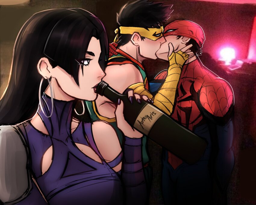 1girl 2boys alcohol arm_wrap aztexarts black_hair blush bottle commentary drinking earrings english_commentary eyelashes girl_drinking_while_guys_make_out_(meme) hand_on_another&#039;s_face head_tilt highres holding holding_bottle hoop_earrings iron_fist_(marvel) jewelry jumpsuit kiss lipstick long_hair makeup marvel marvel_rivals mask mask_up multicolored_clothes multiple_boys no_pupils photo_background piercing psylocke psylocke_(vengeance) purple_shirt red_lips shirt short_hair single_bare_shoulder spider-man standing superhero_costume white_eyes wine_bottle yaoi yellow_mask