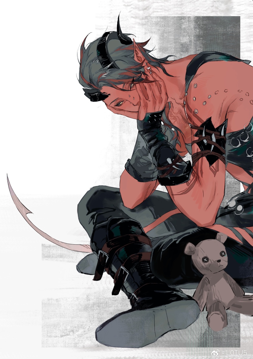1girl absurdres arm_tattoo baldur&#039;s_gate baldur&#039;s_gate_3 bare_shoulders black_boots black_gloves black_hair black_pants black_sclera boots broken_horn chinese_commentary colored_sclera commentary_request covered_mouth covering_own_mouth curled_horns demon_girl demon_horns demon_tail dungeons_&amp;_dragons elbow_gloves elbow_rest elbows_on_knees fingerless_gloves from_side gloves grey_background head_on_hand highres horns indian_style jiao_chang karlach knee_boots leaning_forward looking_down medium_hair multicolored_hair pants pointy_ears red_hair red_skirt sitting skirt slit_pupils solo spiked_tail streaked_hair stuffed_animal stuffed_toy tail tattoo teddy_bear tiefling two-tone_background two-tone_hair watermark weibo_watermark yellow_eyes