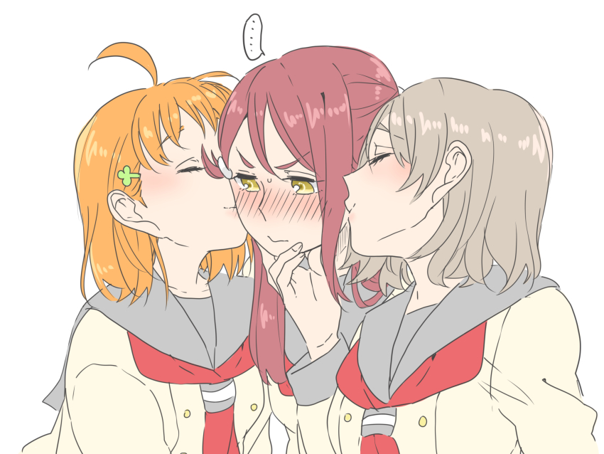 ... 3girls ahoge blush breasts brown_hair cheek_kiss closed_eyes closed_mouth commentary_request double_cheek_kiss girl_sandwich grey_sailor_collar hair_between_eyes hair_ornament hairclip half_updo hand_on_another&#039;s_chin highres kashikaze kiss kissing_cheek long_hair long_sleeves love_live! love_live!_sunshine!! medium_breasts medium_hair multiple_girls neckerchief orange_hair red_hair red_neckerchief sailor_collar sakurauchi_riko sandwiched school_uniform serafuku shirt short_hair sidelocks simple_background single_sidelock spoken_ellipsis sweatdrop takami_chika upper_body uranohoshi_school_uniform watanabe_you white_background white_shirt yellow_eyes yuri