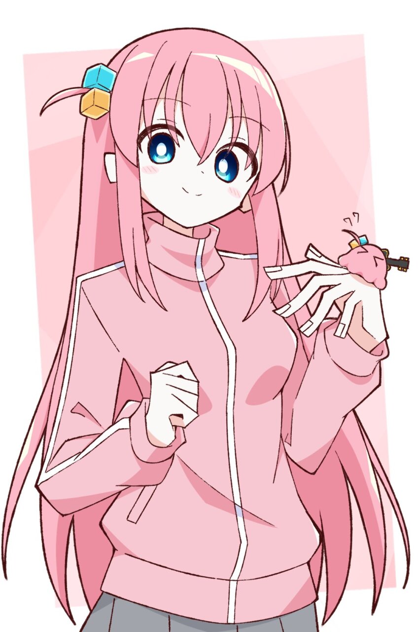 &gt;_&lt; 1girl blue_eyes blush bocchi_the_rock! border clenched_hand closed_mouth collared_jacket creature_on_hand crossed_bangs cube_hair_ornament dual_persona eyes_visible_through_hair fingernails gotoh_hitori gotoh_hitori_(octopus) grey_skirt guitar hair_between_eyes hair_ornament hands_up highres hujisun instrument jacket long_hair long_sleeves outside_border pink_background pink_hair pink_jacket pleated_skirt pocket side_ahoge sidelocks skirt smile solo split_mouth track_jacket upper_body white_border