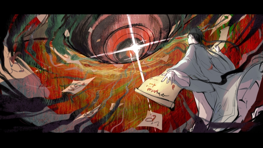 1boy 1other black_hair black_hat black_smoke calligraphy_brush chinese_clothes chinese_commentary colored_smoke dao_gui_yi_xian facing_away fajiaoshao floating_clothes flying_paper from_behind glowing hanfu hat hat_ribbon highres holding holding_calligraphy_brush holding_paintbrush holding_scroll jin_(headwear) letterboxed long_hair long_sleeves male_focus monster outstretched_arm paintbrush paper papers red_sky ribbon robe scroll sky smoke solo sparkle standing updo white_hanfu wide_sleeves wind zhouzi_jin_(headwear) zhuge_yuan