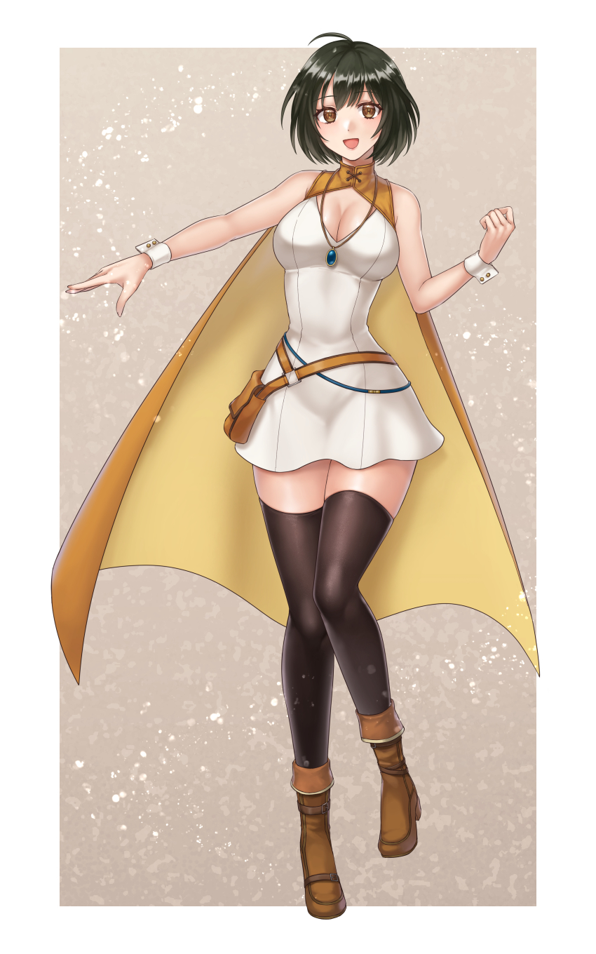 :d absurdres adapted_costume ahoge alternate_costume bare_shoulders belt_pouch black_hair black_thighhighs boots breasts brown_boots brown_eyes cape cleavage collared_cape commission dress fire_emblem fire_emblem:_radiant_dawn full_body grey_background hazuki_(nyorosuke) highres jewelry large_breasts laura_(fire_emblem) looking_at_viewer necklace nintendo open_mouth pointing pouch short_dress short_hair skeb_commission sleeveless sleeveless_dress smile thighhighs white_dress wrist_cuffs yellow_cape zettai_ryouiki