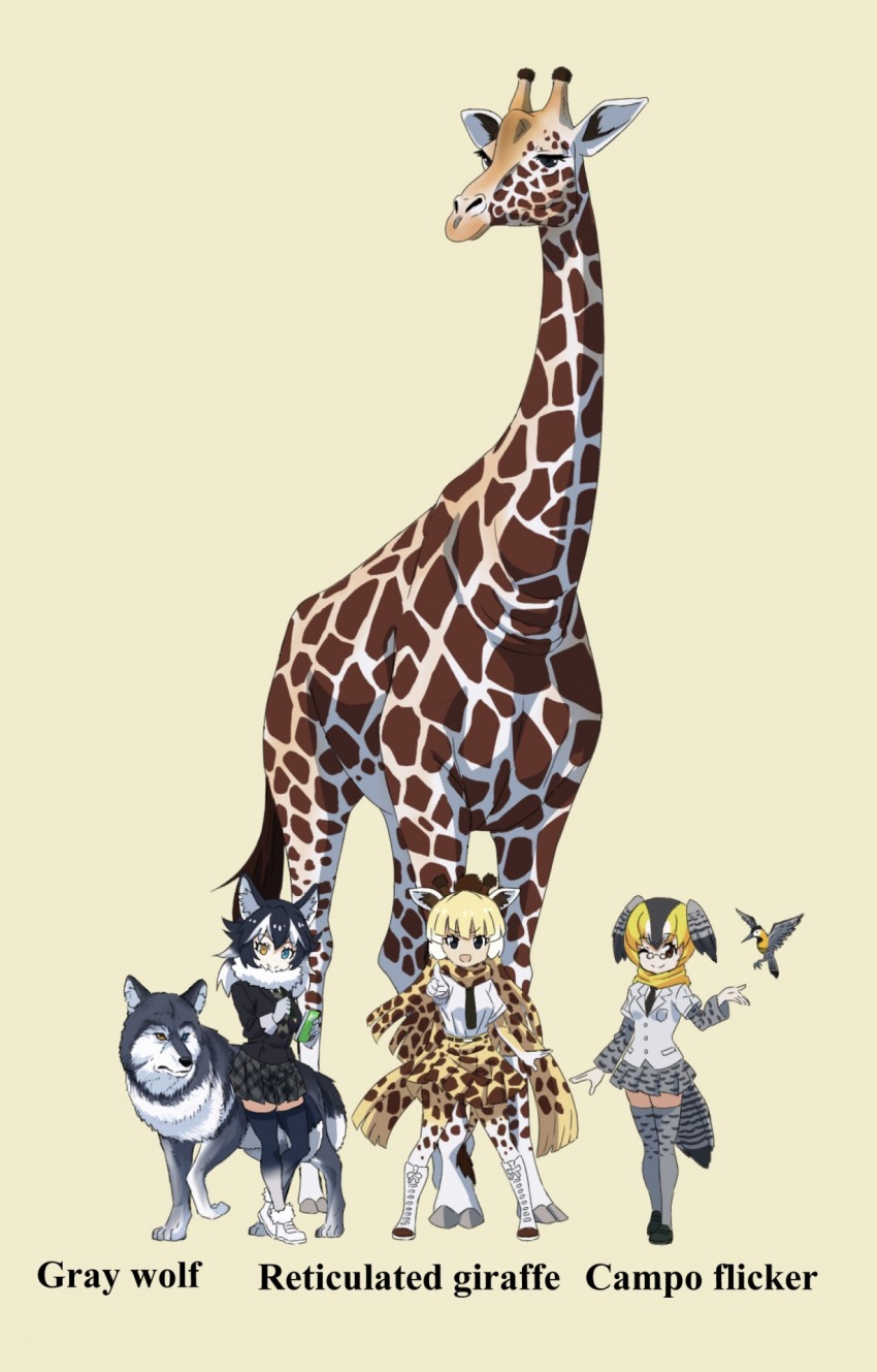 3girls ;) animal_ears animal_print beige_background bird bird_tail black_eyes black_footwear black_hair black_jacket black_legwear black_necktie black_skirt blazer blonde_hair blue_eyes boots campo_flicker campo_flicker_(kemono_friends) closed_mouth commentary_request creature_and_personification dress_shirt english_text fur_collar giraffe giraffe_ears giraffe_horns giraffe_print glasses grey_jacket grey_legwear grey_skirt grey_wolf_(kemono_friends) head_wings head_wreath heterochromia high-waist_skirt highres horns jacket kemono_friends layered_sleeves long_hair long_sleeves looking_at_viewer medium_hair miniskirt multicolored_hair multiple_girls name_connection necktie one_eye_closed open_mouth pantyhose personification pince-nez pleated_skirt pointing pointing_at_viewer print_legwear print_skirt reticulated_giraffe_(kemono_friends) shirt shoes short_hair short_over_long_sleeves short_sleeves simple_background skirt smile standing tail thighhighs two-tone_hair white_footwear white_shirt wings wolf yamaguchi_yoshimi yellow_eyes yellow_legwear yellow_skirt