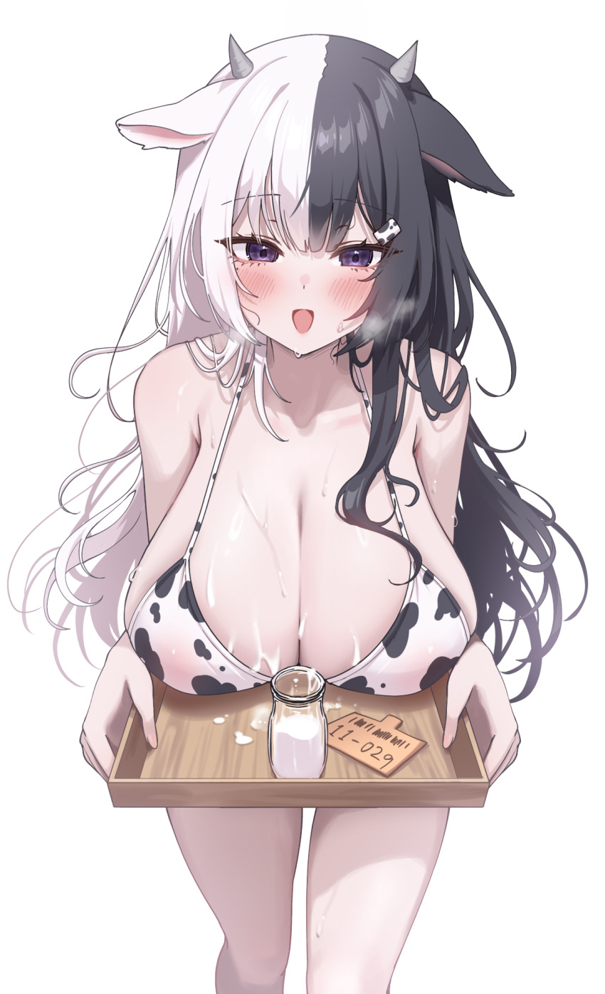 1girl :d animal_ears animal_print bikini black_hair blush borrowed_character bottle breasts breasts_on_tray commentary_request cow_ears cow_girl cow_horns cow_print cow_print_bikini cowboy_shot hair_ornament hairclip halterneck highres holding holding_tray horns huge_breasts leaning_forward long_hair looking_at_viewer milk milk_bottle miyu_(reel) multicolored_hair open_mouth original print_bikini purple_eyes simple_background smile solo split-color_hair swimsuit tray two-tone_hair white_background white_bikini white_hair wooden_tray yampa