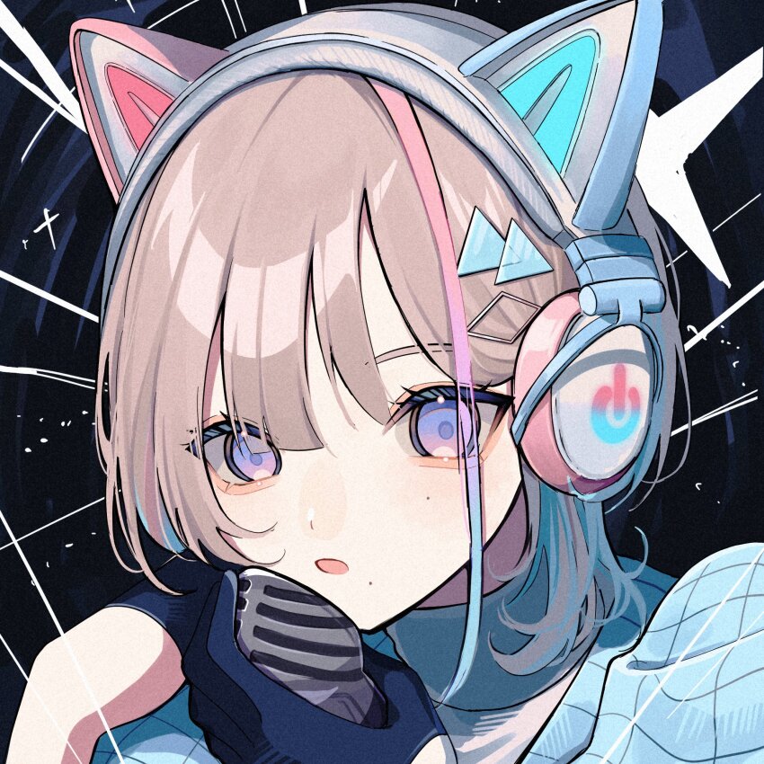 animal_ear_headphones animal_ears brown_hair character_request eyelashes fake_animal_ears headphones highres looking_at_viewer makeup mole mole_under_eye mole_under_mouth multicolored_hair open_mouth pink_eyes portrait rouge_(makeup) square streaked_hair virtual_youtuber vvorks yoruse