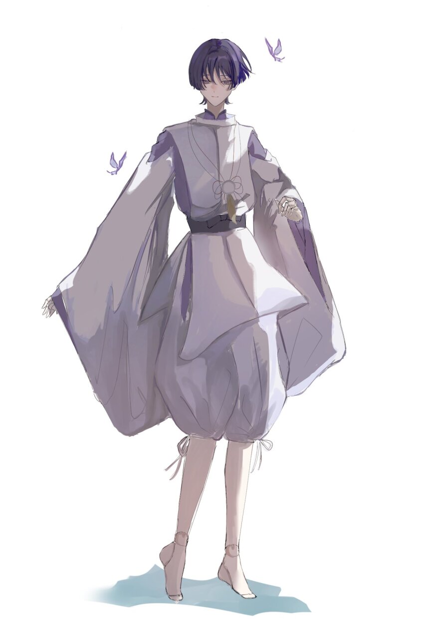 1boy arm_at_side barefoot black_bow black_sash blunt_ends bow bright_pupils clothing_cutout crystalfly_(genshin_impact) doll_joints eyelashes feathers full_body genshin_impact hair_intakes hand_up highres hip_vent japanese_clothes joints kimono layered_kimono layered_sleeves long_sleeves male_focus mandarin_collar muridayo_cha pants pelvic_curtain pom_pom_(clothes) purple_eyes purple_hair purple_kimono purple_sleeves sash scaramouche_(genshin_impact) scaramouche_(kabukimono)_(genshin_impact) shadow side_cutout sketch sleeves_past_wrists smile solo standing string tsurime white_background white_pants white_pupils white_sleeves wide_sleeves yellow_feathers