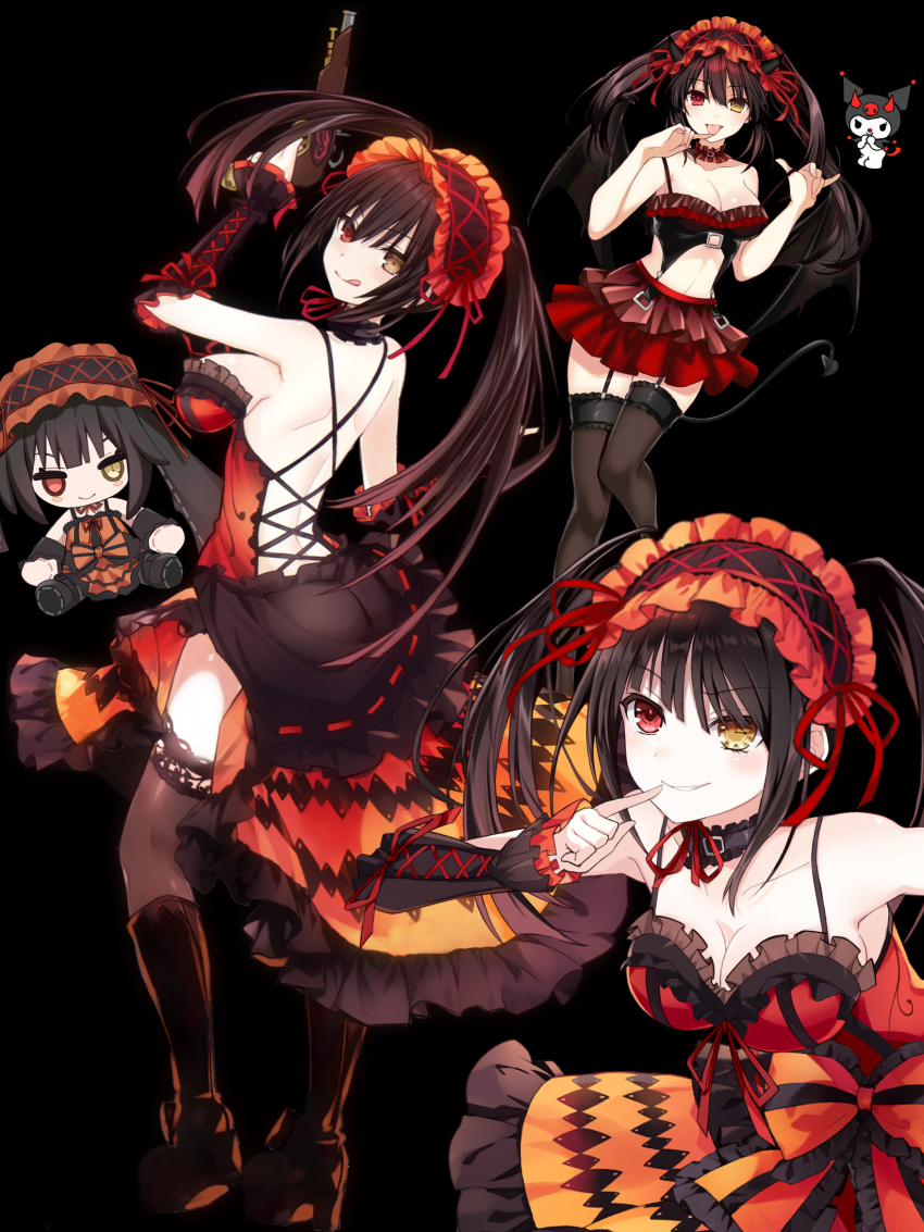 1girl backless_dress backless_outfit black_background black_garter_straps black_thighhighs breasts chibi cleavage closed_mouth date_a_live demon_tail demon_wings dress frilled_dress frills garter_straps gun heterochromia highres holding holding_gun holding_weapon medium_breasts red_dress red_eyes red_skirt saint_laurent_paris skirt smile solo tail thighhighs tokisaki_kurumi tongue tongue_out weapon wings yellow_eyes