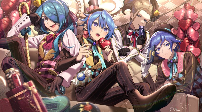4boys aqua_bow aqua_ribbon balloon black_gloves blue_eyes blue_gemstone blue_hair bow bowtie box brown_eyes brown_footwear brown_gemstone brown_gloves brown_hair brown_hat brown_jacket brown_pants cane checkered_clothes checkered_jacket checkered_vest couch dolustoy gem gift gloves hat heart-shaped_box heart_balloon highres hiura_kirina holding holding_cane holding_gift inazuma_eleven_(series) inazuma_eleven_ares_no_tenbin jacket kazemaru_ichirouta light_blue_hair long_hair looking_at_viewer male_focus mizukamiya_seiryuu multiple_boys nishikage_seiya on_couch pants pink_shirt ponytail purple_eyes purple_gemstone red_bow red_bowtie red_ribbon ribbon shirt sitting striped_clothes striped_pants vest white_gloves