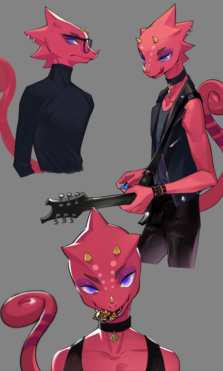 1boy absurdres animal_crossing black_choker black_jacket black_pants black_sweater bug butterfly chinese_commentary choker colored_skin commentary_request eyeshadow flick_(animal_crossing) furry furry_male glasses goth_fashion grey_background grey_shirt guitar hanaoliga highres holding holding_guitar holding_instrument horns insect instrument jacket lizard_tail makeup male_focus multiple_views nintendo pants purple_eyes purple_eyeshadow red_skin reptile_boy shirt sweater tail turtleneck turtleneck_sweater