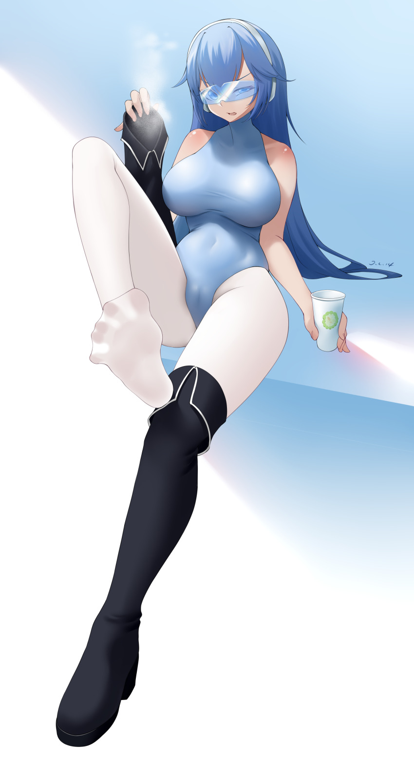 1girl absurdres blue_eyes blue_hair boots cameltoe feet highres holding holding_shoes holding_unworn_clothes j.c.14 leotard long_hair looking_at_viewer open_mouth original pantyhose shoes smell soles steam thigh_boots toes unworn_boots unworn_shoes white_pantyhose