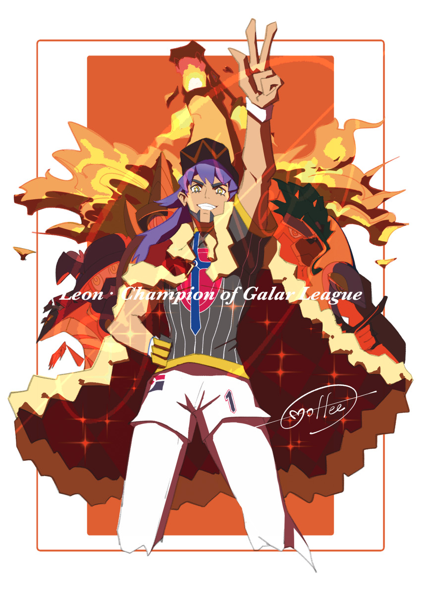 1boy absurdres aegislash arm_up border cape cccacademia champion_uniform character_name charizard commentary_request dragapult fur-trimmed_cape fur_trim gen_1_pokemon gen_6_pokemon gen_8_pokemon gigantamax gigantamax_charizard gloves grin hand_on_own_hip hat highres inteleon leggings leon_(pokemon) long_hair male_focus mr._rime nintendo pokemon pokemon_(creature) pokemon_swsh purple_hair red_cape rillaboom shirt short_sleeves shorts signature single_glove smile sparkle teeth w white_border white_leggings white_shorts wristband yellow_eyes