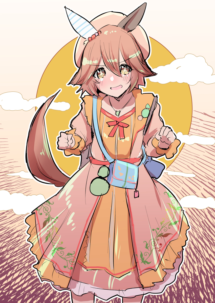 +_+ 1girl animal_ears backpack bag bead_bracelet beads beret blush bracelet charm_(object) clenched_hand commentary_request cowboy_shot dress ear_covers ear_ornament flipped_hair four-leaf_clover_necklace frilled_sleeves frills futaba_suetsuki hair_between_eyes hat highres horse_ears horse_girl jewelry looking_at_viewer matikanefukukitaru_(good_omen_first_storm)_(umamusume) matikanefukukitaru_(umamusume) necklace official_alternate_costume orange_hair parted_lips short_hair simple_background single_ear_cover solo umamusume white_background yellow_dress yellow_hat