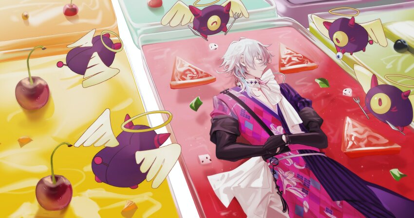 1boy absurdres angel_wings black_gloves blue_hair cherry closed_eyes coat commentary creature cutlery diamond_choker english_commentary floral_print food fork fruit gavis_bettel gavis_bettel_(1st_costume) gloves grey_hair hair_between_eyes half_gloves halo highres holding holding_eyeball holding_fork holostars holostars_english karna_desu lily_print lying male_focus medium_hair multicolored_coat multicolored_hair on_back pale_skin phantom_(gavis_bettel) pink_hair scarf solo striped_coat vertical-striped_coat virtual_youtuber white_scarf wings