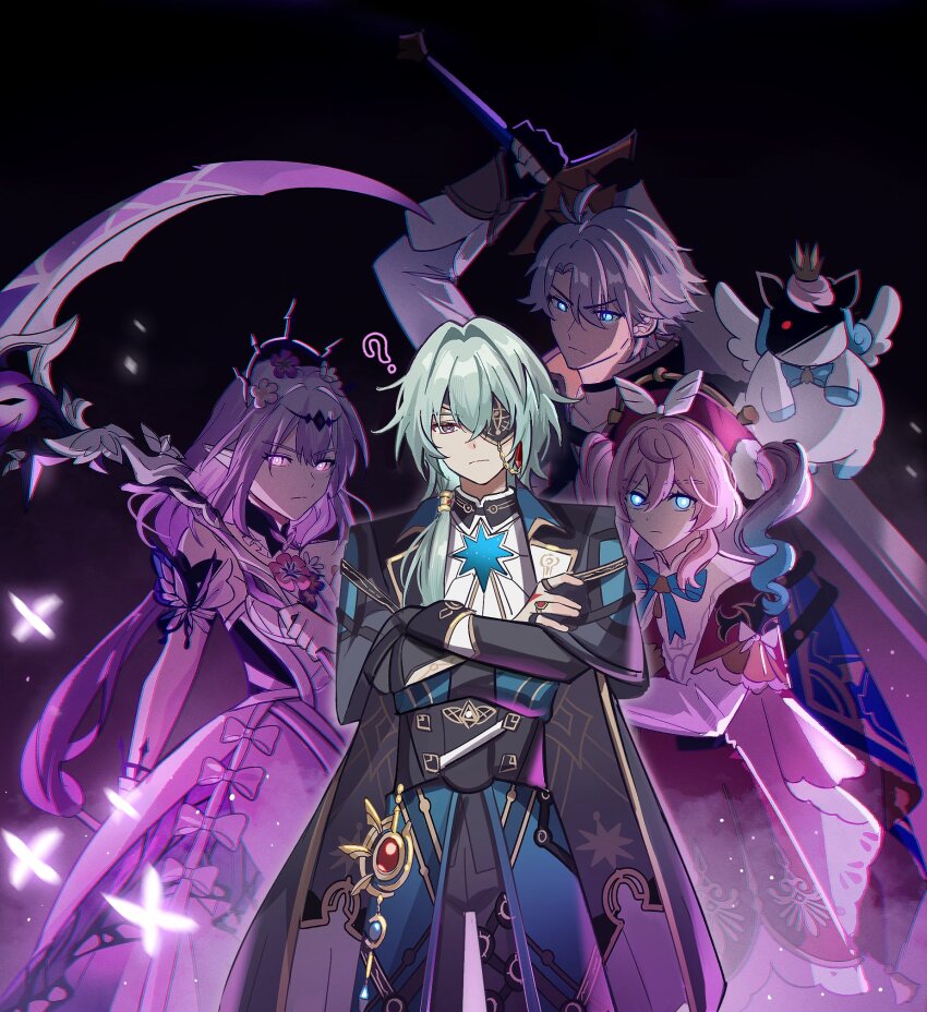 2boys 2girls ? anaxa_(honkai:_star_rail) aqua_eyes aqua_hair beret black_choker black_jacket black_pants black_tiara black_vest castorice_(honkai:_star_rail) chimera_(honkai:_star_rail) choker commentary crossed_arms dress english_commentary eyepatch flower green_hair hair_flower hair_ornament hat highres holding holding_scythe holding_sword holding_weapon honkai:_star_rail honkai_(series) hyacine_(honkai:_star_rail) jacket long_hair looking_at_viewer medium_hair meronppaii multicolored_hair multiple_boys multiple_girls pants phainon_(honkai:_star_rail) pink_hair pointy_ears purple_background purple_eyes purple_hair red_dress scythe short_hair sword tiara twintails two-tone_hair vest weapon white_dress white_hair