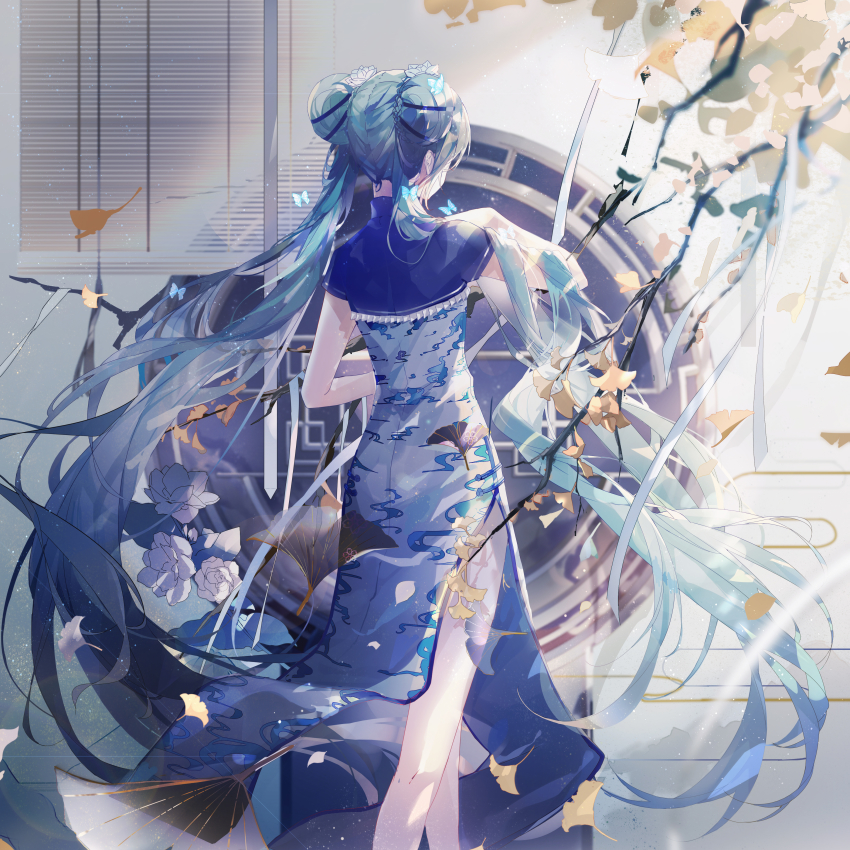 1girl absurdres aqua_hair bare_legs china_dress chinese_clothes dress flower from_behind hair_flower hair_ornament hand_up hatsune_miku highres long_hair mamenomoto plant short_sleeves solo standing twintails very_long_hair vocaloid