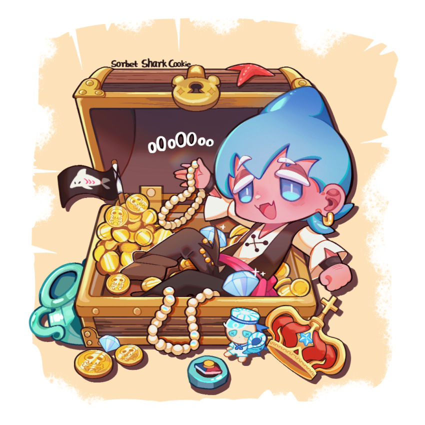 1boy :d blue_eyes box bright_pupils brown_footwear catchphrase character_doll character_name coin cookie_run crown diamond_(gemstone) doll fangs flag from_above full_body holding holding_jewelry holding_necklace in_box in_container jewelry long_sleeves looking_at_viewer lying male_focus necklace on_back open_box open_mouth outstretched_arms pottery skin_fangs smile sorbet_shark_cookie treasure_chest unworn_headwear vase white_background white_pupils yellow_background yiruitianxia