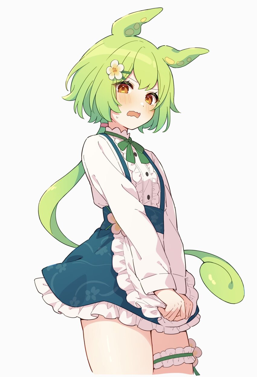 1girl apron blush brown_eyes center_frills commentary cowboy_shot dress_flower floral_print flower frilled_apron frilled_garter frilled_skirt frilled_thigh_strap frills green_hair green_ribbon green_skirt hair_between_eyes hair_flower hair_ornament hair_tie hayamaro65 high-waist_skirt highres long_hair long_sleeves looking_at_viewer low_ponytail miniskirt neck_ribbon pea_pod ponytail print_skirt ribbon shirt simple_background skirt small_sweatdrop solo standing suspender_skirt suspenders thigh_strap thighs very_long_hair voiceroid voicevox waist_apron waitress waitress_zundamon wavy_mouth white_apron white_background white_shirt zundamon