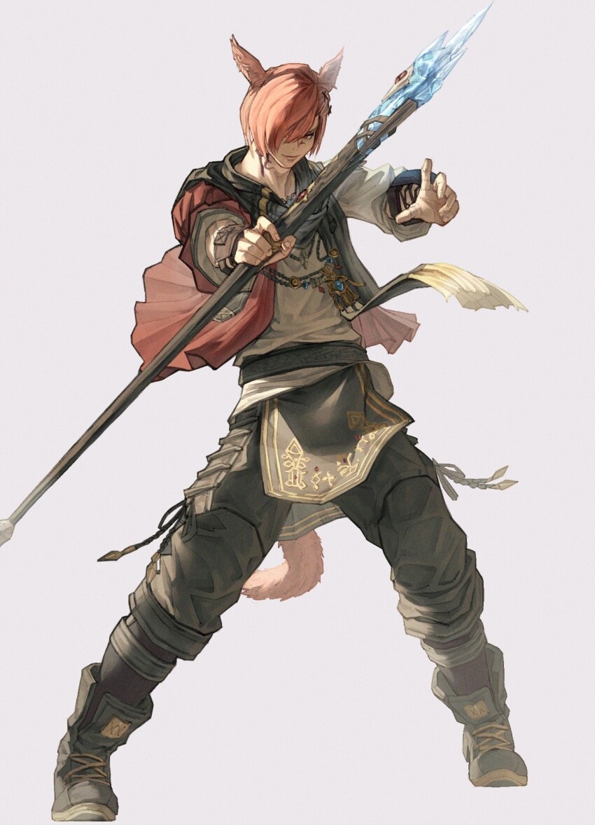 1boy animal_ears armor arms_up bimel_isabella black_pants black_scarf boots cat_ears closed_mouth commentary_request facial_mark faulds final_fantasy final_fantasy_xiv fingernails g&#039;raha_tia hair_over_one_eye highres holding holding_staff holding_weapon hood hood_down jewelry korean_commentary long_sleeves looking_to_the_side male_focus miqo&#039;te multiple_necklaces neck_tattoo necklace one_eye_covered open_clothes open_shirt outstretched_arms pants red_eyes red_shirt scarf shirt sideways_glance simple_background smile solo staff tattoo weapon white_background white_shirt