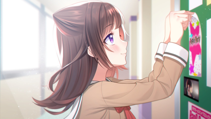 1girl absurdres arms_up bang_dream! blurry blurry_background blush brown_hair brown_shirt closed_mouth commentary cone_hair_bun day depth_of_field english_commentary female_focus hair_bun hanasakigawa_school_uniform highres indoors long_hair long_sleeves mitake_ran neck_ribbon profile purple_eyes red_ribbon ribbon sailor_collar school_uniform serafuku shirt smile solo sunlight the_cold toyama_kasumi white_sailor_collar window