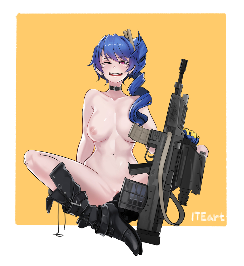 1girl 20x30mm_lv 20x30mm_lv_p_k168 absurdres airburst_grenade_launcher ammunition anti-materiel_cartridge artist_name assault_rifle belt_boots black_boots blue_gloves blue_hair blush bolt-action_grenade_launcher bolt_action boots bottomless breasts bullpup burst_fire_gun burst_fire_rifle cannon_cartridge carbine choker clitoris_slip collarbone computerized_scope daewoo_k11 earrings explosive girls&#039;_frontline gloves grenade grenade_cartridge grenade_launcher gun highres indian_style jewelry k11_(girls&#039;_frontline) large_breasts leather_choker long_hair messy_hair military_cartridge multi-weapon multiple-barrel_gun navel nipples nude one_eye_closed open_mouth orange_background practice_round precision-guided_firearm pussy pussy_peek red_eyes rifle scope side_ponytail sight_(weapon) single_earring sitting smile solo subsonic_ammunition teeth telescopic_sight thermal_weapon_sight two-tone_background two-tone_gloves underbarrel_assault_rifle underbarrel_rifle upper_teeth_only weapon white_background yan_jhia yellow_gloves