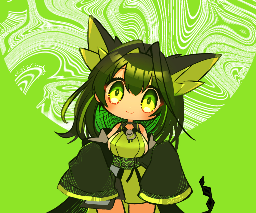 1girl ahoge animal_ears arknights artist_name breasts cat_ears dress green_background green_dress green_eyes green_hair green_theme hair_intakes highres huge_ahoge large_ears long_sleeves looking_at_viewer medium_breasts mon3tr_(arknights) off-shoulder_jacket off_shoulder oonohara_kenya short_dress sideboob sleeves_past_fingers sleeves_past_wrists smile solo stethoscope_around_neck straight-on tail