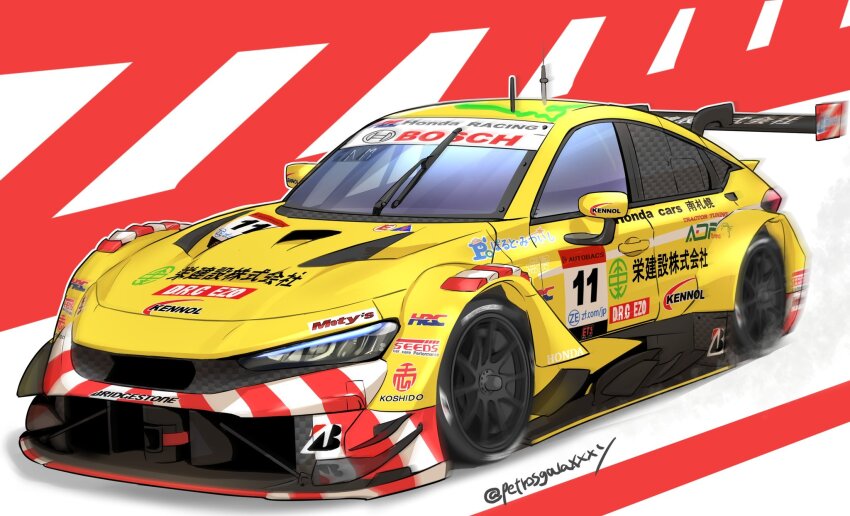 autobacs bridgestone car highres honda honda_civic honda_civic_type_r honda_civic_type_r-gt motion_blur motor_vehicle no_humans original peteron race_vehicle racecar spoiler_(automobile) super_gt twitter_username vehicle_focus yellow_car