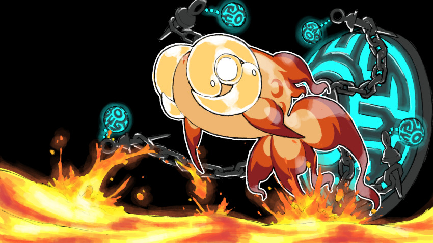 animal_focus black_background blacknirrow chain chi-yu_(pokemon) glowing glowing_eyes highres lava nintendo no_humans outline pokemon pokemon_(creature) pokemon_focus simple_background solo white_outline