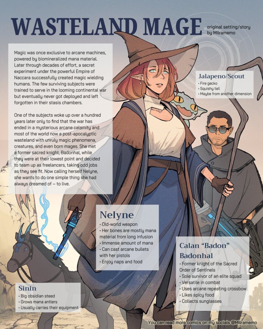 1boy 1girl animal black_hair blue_eyes blue_skirt bow_(weapon) brown_gloves brown_hair cleavage_cutout closed_mouth clothing_cutout collarbone commentary crossbow day earrings english_commentary english_text fingerless_gloves gecko gloves grey_cloak grey_pants gun hair_between_eyes handgun highres holding holding_gun holding_staff holding_weapon horse jewelry looking_at_viewer milramemo nelyne_(milramemo) original outdoors pants parted_lips pointy_ears revolver shirt skirt slit_pupils staff sunglasses weapon white_shirt yellow_eyes
