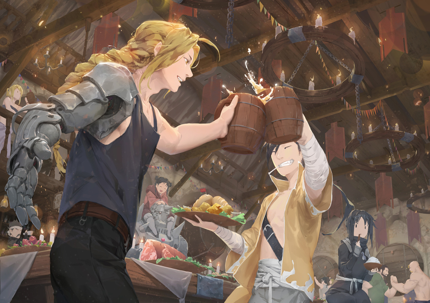 4girls 6+boys ^_^ alex_louis_armstrong alphonse_elric armor automail bald baraba_baba black_hair blonde_hair bowl braid candle chandelier chopsticks chopsticks_in_mouth closed_eyes edward_elric closed_eyes food fu_(fma) fullmetal_alchemist happy indoors izumi_curtis lan_fan ling_yao may_chang multiple_boys multiple_girls no_mouth open_mouth own_hands_together plate profile rice rice_bowl sig_curtis smile table toasting_(gesture) topless_male upper_body winry_rockbell