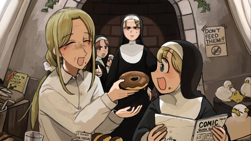 5girls :d baby_animal bird blonde_hair blue_eyes book brown_eyes brown_hair chicken closed_eyes clumsy_nun_(diva) commentary diva_(hyxpk) donut duck duckling english_commentary feeding food froggy_nun_(diva) highres hungry_nun_(diva) little_nuns_(diva) long_hair mole mole_on_cheek mole_under_mouth multiple_girls note nun open_mouth pointing shirt smile star_ornament strict_nun&#039;s_mother_(diva) strict_nun_(diva) traditional_nun white_shirt