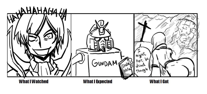 1girl 2boys ass bad_id bb_(baalbuddy) bodysuit c.c. cardboard_box_gundam code_geass cross crucifixion english_text geass inactive_account jesus lelouch_vi_britannia long_hair meme monochrome multiple_boys parody prostration spoilers what_i_watched_what_i_expected_what_i_got_(meme)