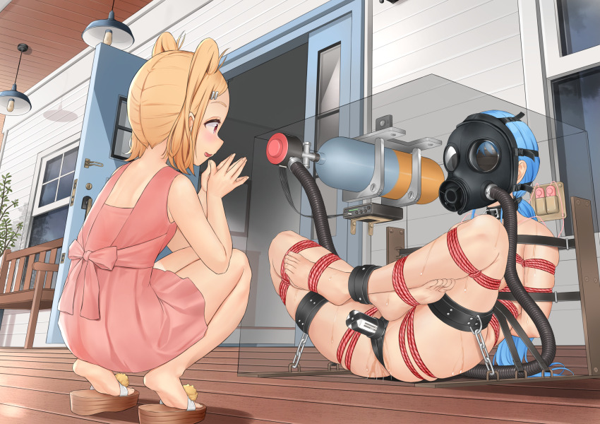 2girls ankle_cuffs arms_behind_back barefoot bdsm blindfold blonde_hair blue_hair bondage bound bound_ankles bound_arms bound_legs box breathing_tube chain chained chained_legs chastity_belt commission completely_nude crossed_ankles dildo dress epicary_radz feet female_focus fixed_dildo fixed_toy fixed_vibrator gas_mask hair_ornament highres in_box in_container indoors knees_apart_feet_together lairi_(epicary_radz) long_hair looking_at_another low_ponytail lying mask masked medium_hair miran_(epicary_radz) multiple_girls nude object_insertion on_back open_box open_door original outdoors oxygen_tank pink_dress pixiv_commission plant ponytail porch potted_plant pussy_juice red_eyes rope sandals sex_toy shibari sitting squatting strap toes twintails vaginal vaginal_object_insertion variant_set vibrator x-ray