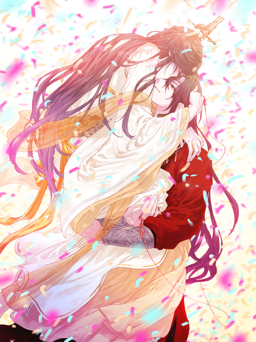 2boys analogous_colors arms_around_neck black_hair blurry bracelet carrying carrying_person chinese_clothes closed_eyes closed_mouth colorful confetti depth_of_field embarrassed facing_another feet_out_of_frame fingernails from_side gold_trim grey_sash hair_between_eyes hair_bun hair_ornament hair_over_one_eye hair_stick half-closed_eyes hand_on_another&#039;s_head hand_on_another&#039;s_shoulder hanfu head_back highres hua_cheng jewelry kiss kissing_forehead leaning_forward light_blush light_smile long_hair long_sidelocks looking_up male_focus mandarin_collar multiple_boys necklace papagenogirl parted_bangs patterned_clothing patterned_sash profile red_hanfu sash see-through_clothes see-through_shawl shawl side_slit sidelocks silver_bracelet silver_necklace simple_background single_hair_bun standing straight_hair string string_around_finger string_of_fate swept_bangs three_quarter_view tianguan_cifu twitter_username very_long_hair wavy_hair white_background white_hanfu wide_sleeves xiao_guan_(headdress) xie_lian xie_lian_(flower_crowned_martial_god) yaoi yellow_eyes yellow_hanfu yellow_shawl
