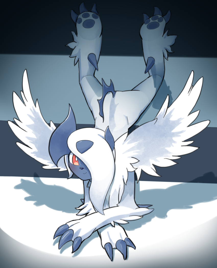 absol claws gen_3_pokemon highres looking_at_viewer mega_absol mega_pokemon nintendo no_humans pokemon pokemon_(creature) red_eyes sim-yeonsaengmul solo white_fur white_wings wings