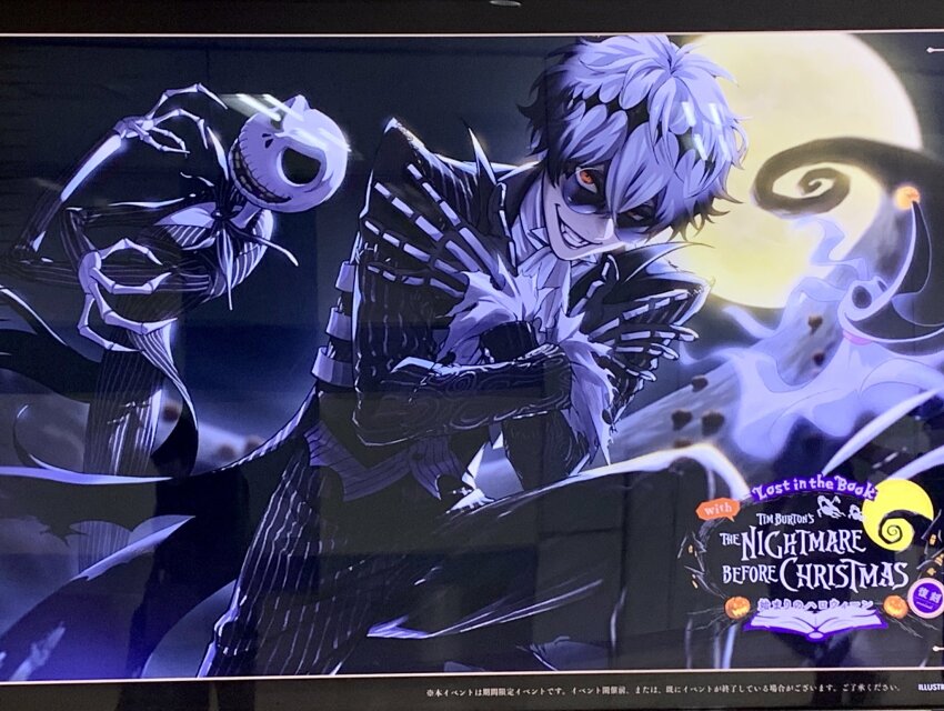 3boys aogiyuki black_crown crown diamond_hairband formal_clothes highres jack_skellington jacket long_sleeves male_focus missing_tooth multiple_boys pinstripe_jacket pinstripe_pattern pinstripe_suit pinstripe_vest round_eyewear short_hair skeleton_print skully_j._graves smile striped_clothes striped_jacket striped_vest suit the_nightmare_before_christmas twisted_wonderland vertical-striped_clothes vertical-striped_vest vest zero_(nbc)