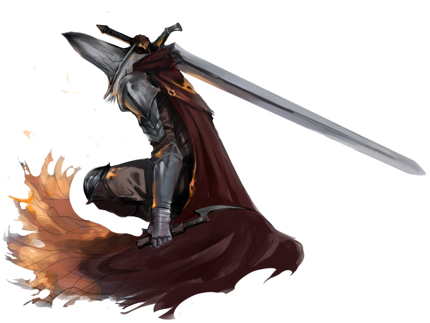 1other abyss_watcher armor asymmetrical_dual_wielding brown_pants brown_shirt cape commentary dagger dark_souls_(series) dark_souls_iii dokomon dual_wielding embers fire full_body gauntlets greatsword highres holding holding_dagger holding_knife holding_sword holding_weapon knife other_focus pants pauldrons pointy_hat poleyn red_cape reverse_grip shirt shoulder_armor simple_background solo squatting sword torn_cape torn_clothes weapon white_background white_hair