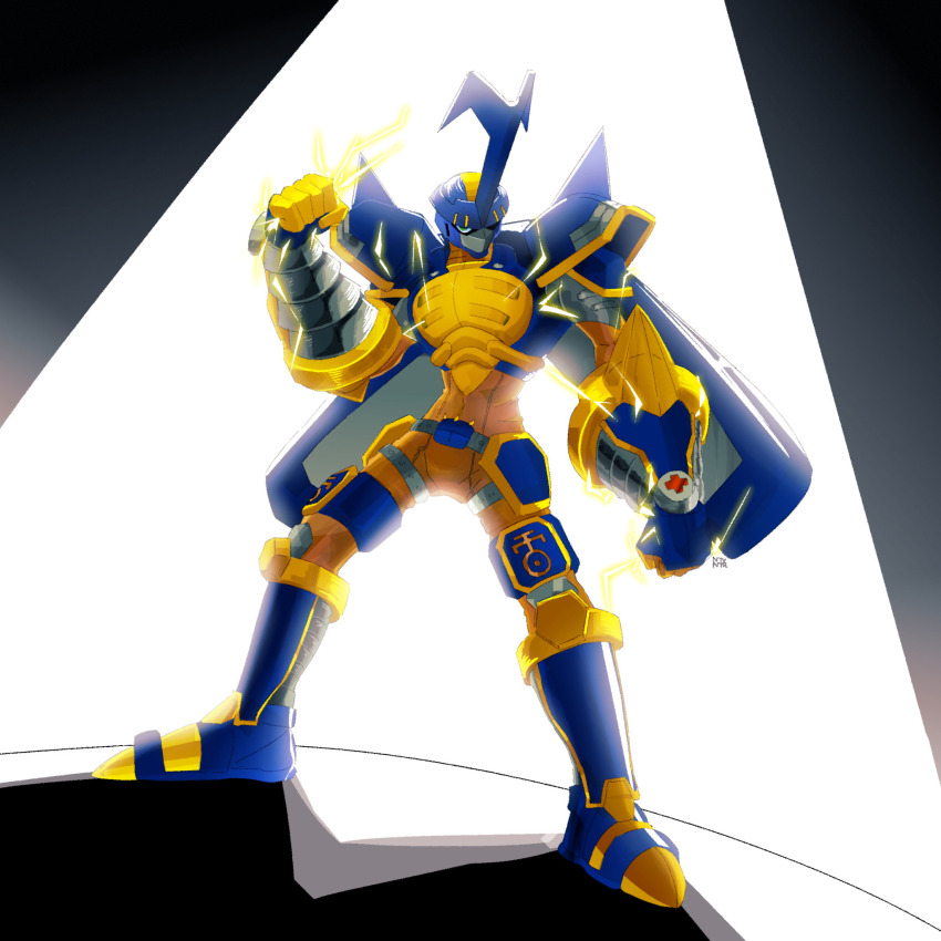 armor blitzmon digimon digimon_(creature) digimon_frontier green_eyes highres horns mask muscular muscular_male