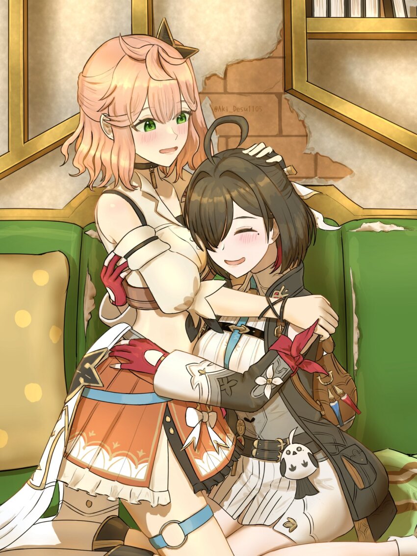 2girls ^_^ ahoge aki_desu1105 artist_name atelier_(series) atelier_yumia between_breasts blonde_hair blush breasts center-flap_bangs closed_eyes couch double-parted_bangs dress gloves green_eyes grey_corset hair_over_one_eye highres hug indoors isla_von_duerer kneeling large_breasts medium_hair mole mole_under_eye multicolored_hair multiple_girls on_couch open_mouth partially_fingerless_gloves red_gloves red_hair short_dress sitting smile strap_between_breasts streaked_hair stuffed_animal stuffed_bird stuffed_toy twitter_username two-tone_hair wavy_hair white_dress yumia_liessfeldt yuri