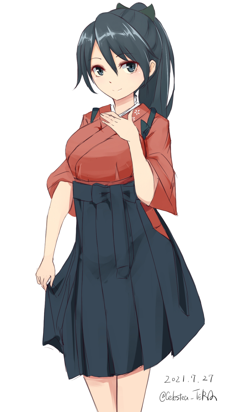 1girl black_eyes black_hair black_hakama celestea_tera dated feet_out_of_frame hakama hakama_hold hakama_short_skirt hakama_skirt highres houshou_(kancolle) japanese_clothes kantai_collection kimono looking_at_viewer one-hour_drawing_challenge pink_kimono ponytail simple_background skirt smile solo standing tasuki twitter_username white_background